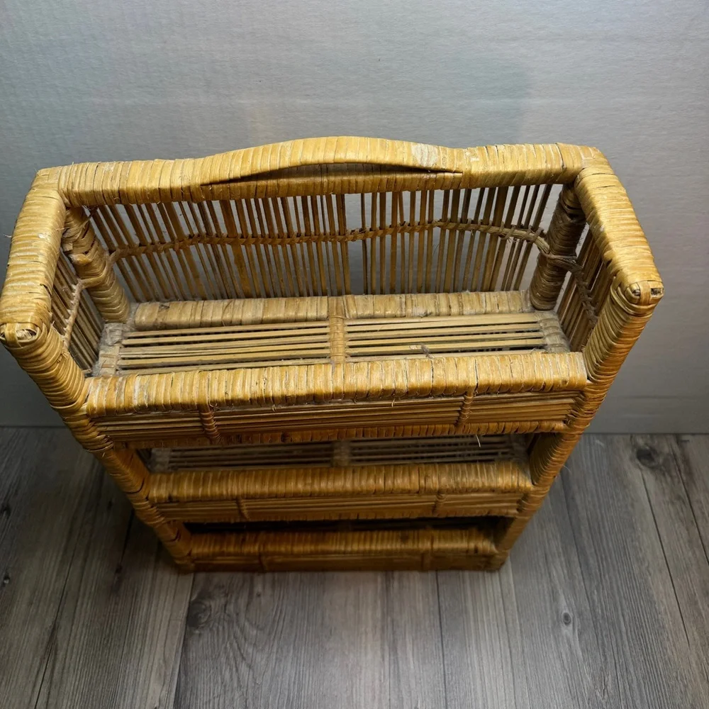 Vintage Wicker Rattan Three Tier Bathroom Shelving Storage Unit Etagere